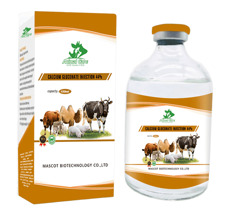 Calcium Gluconate Injection 44%, a high-concentration solution used to treat calcium deficiencies and support proper metabolic functions in animals.