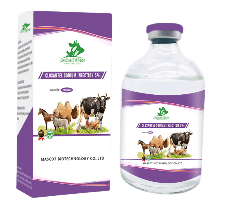 Closantel Sodium Injection 5%, an effective antiparasitic treatment used to control internal and external parasites in livestock and other animals.