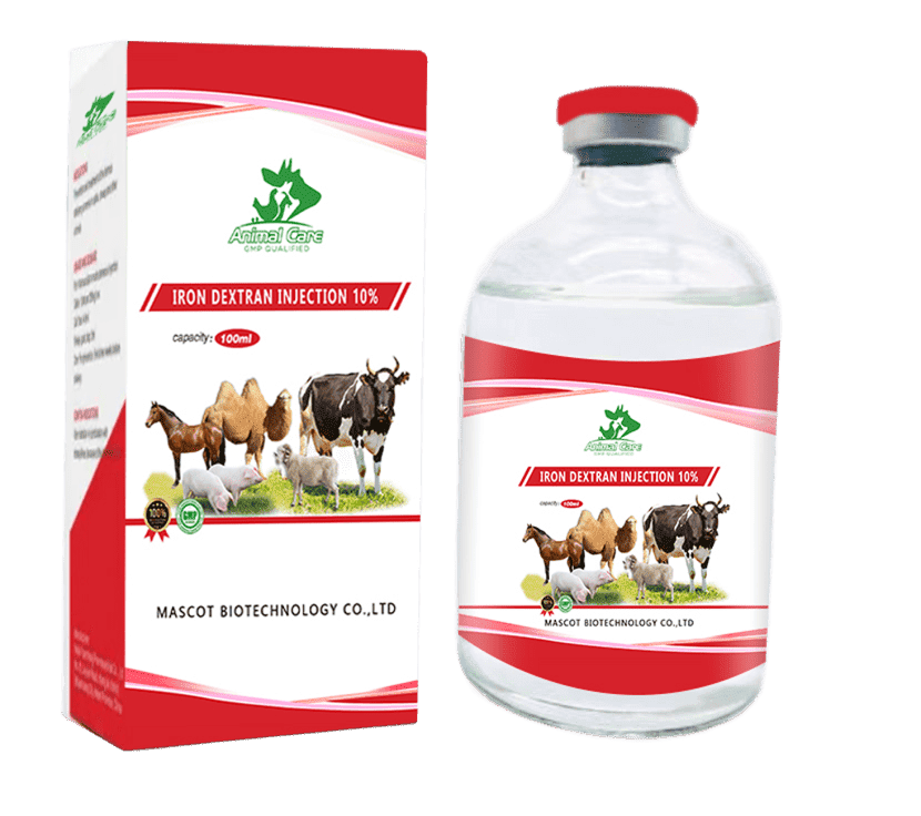 Iron Dextran Injection 10%, an iron supplement used to treat and prevent iron deficiency anemia in animals.