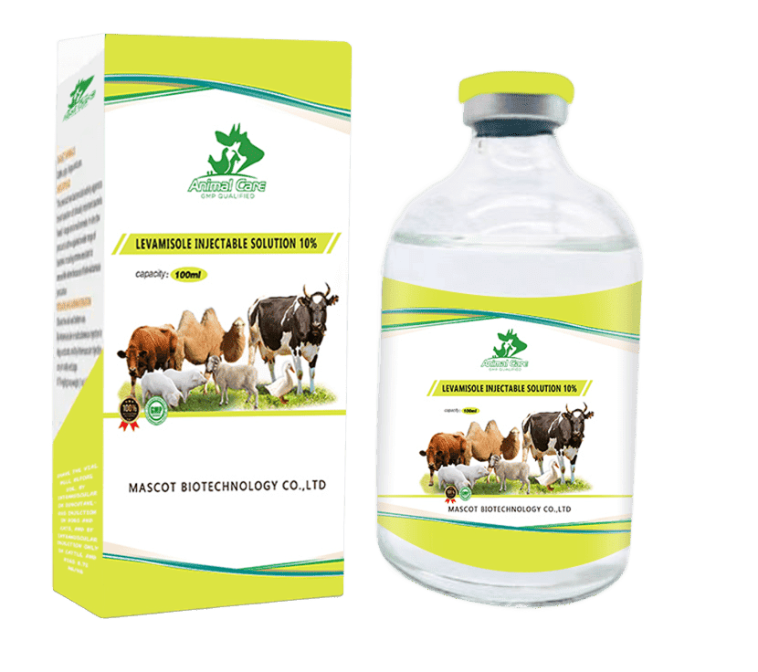 Levamisole Injectable Solution 10%, an anthelmintic treatment used to control internal parasitic infections in animals.