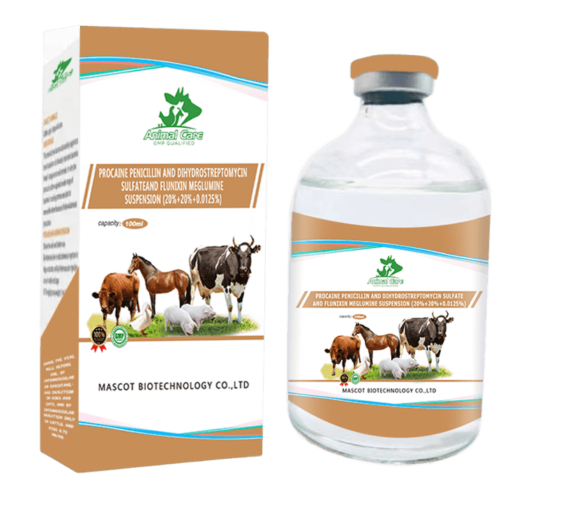 Procaine Penicillin, Dihydrostreptomycin Sulfate, and Flunixin Meglumine Suspension, a combination treatment for bacterial infections and inflammation in animals.