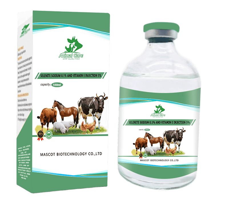 Selenite Sodium 0.1% and Vitamin E Injection 5%, a combination supplement used to support animal health, particularly for antioxidant protection and immune support.