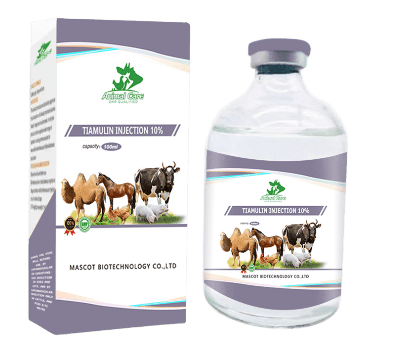 Tiamulin Injection 10%, an antibiotic used to treat bacterial infections in animals, particularly effective against respiratory and gastrointestinal infections.