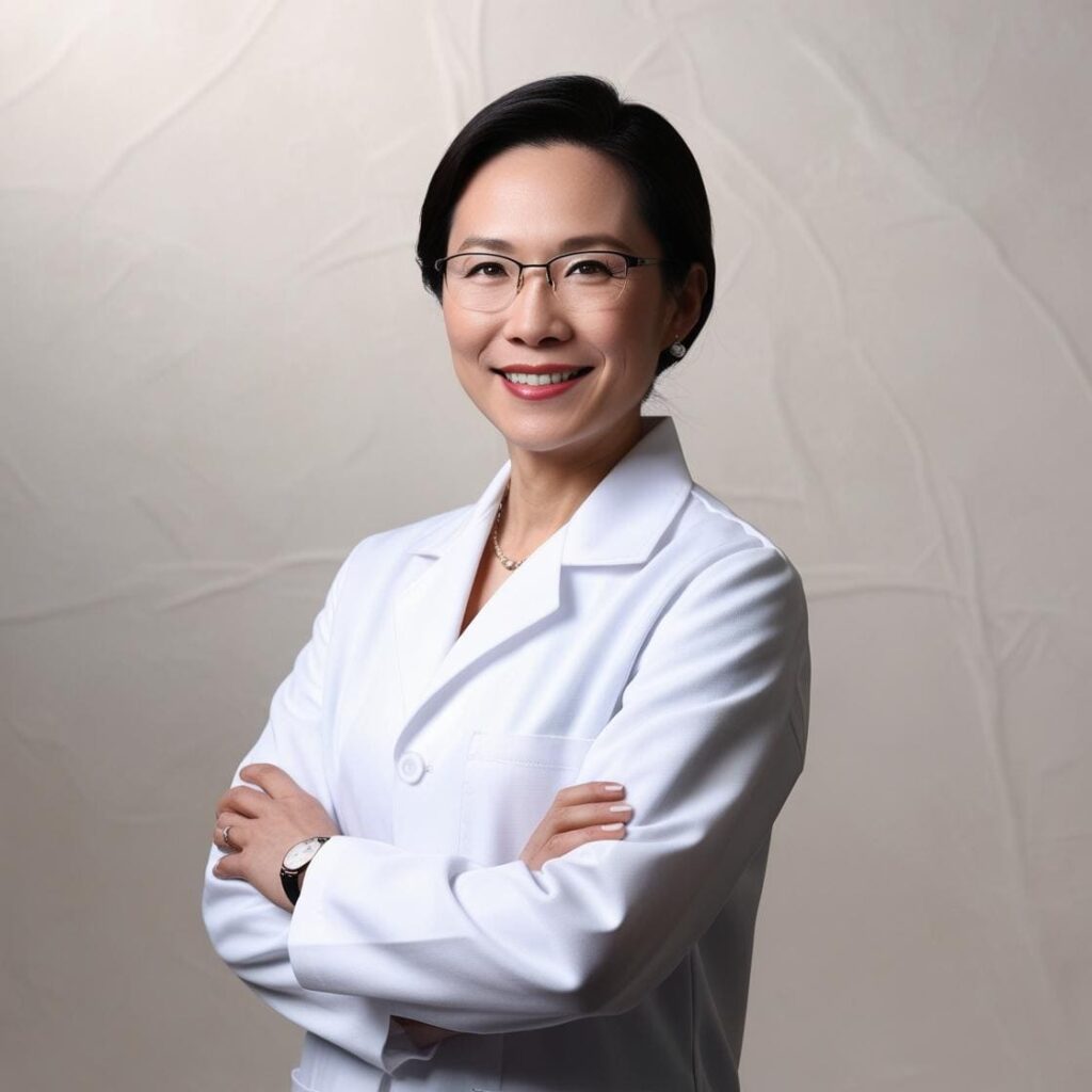 Medical professor wearing a white lab coat and glasses, displaying a confident and approachable expression, with 'MASCOT' logo on the chest.